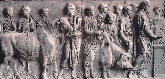 Suovetaurilia: Roman sacrifice in which a pig, a sheep, and a bull were sacrificed. The image, PD photgraph of an ancient Roman relief belong to public domain as recorded in Wikipedia, The Free Enciclopedya.