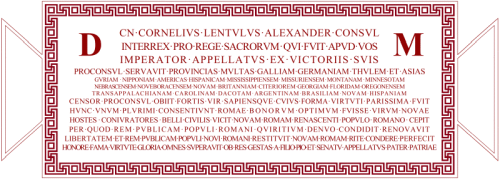 Tabula ansata cum versu Saturnino de Cn. Lentulo Alexandro - MINI - 180px.gif